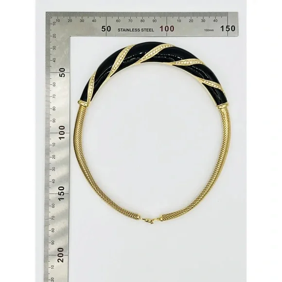 Vintage Dior Necklace Bold Black Enamel Rhinestone Designer Piece - Picture 13 of 14